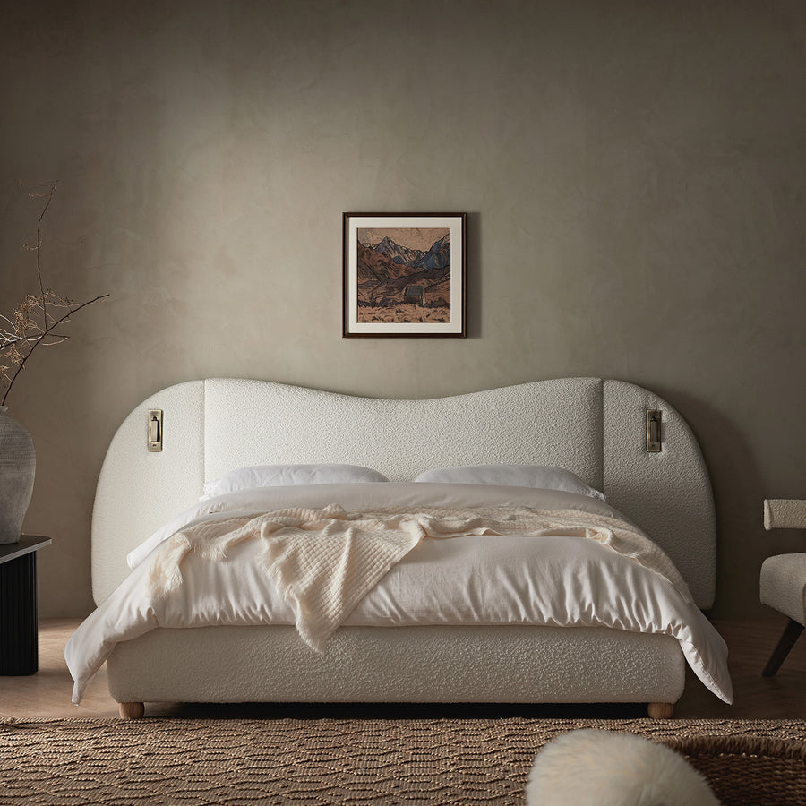 Egerie Extended Headboard Ottoman Storage Bed, Beige Boucle