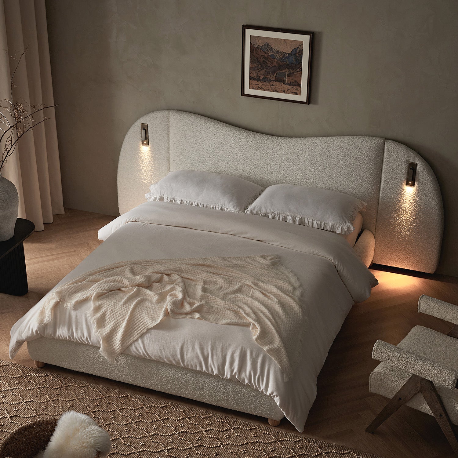 Egerie Extended Headboard Ottoman Storage Bed, Beige Boucle