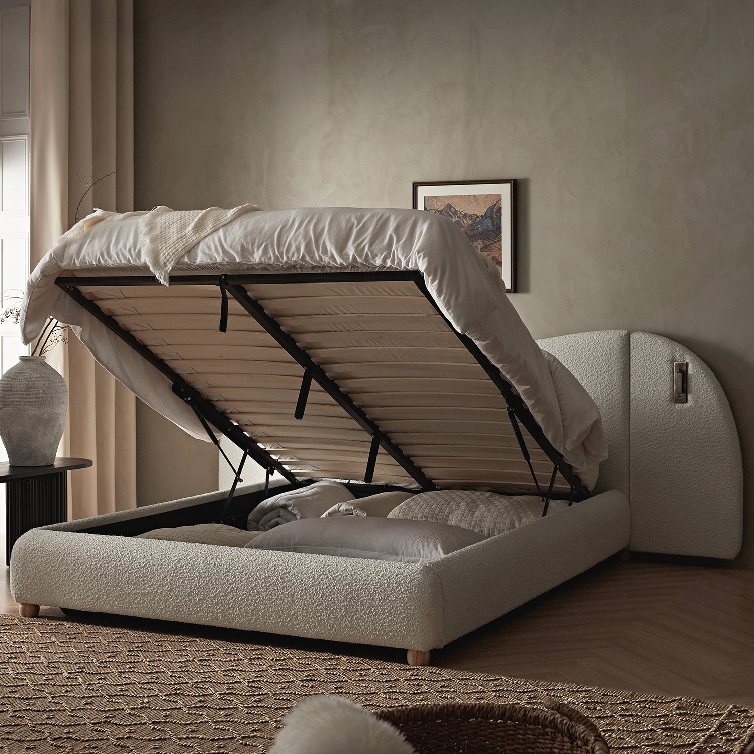 Egerie Extended Headboard Ottoman Storage Bed, Beige Boucle