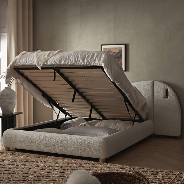 Egerie Extended Headboard Ottoman Storage Bed, Beige Boucle - daals