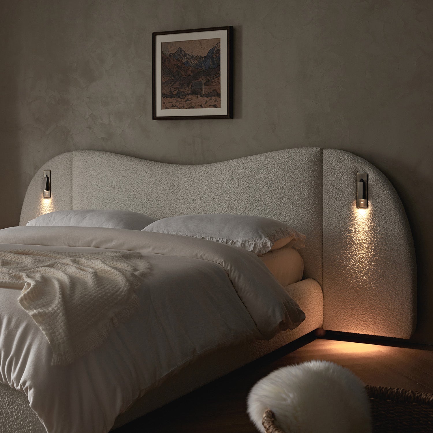 Egerie Extended Headboard Ottoman Storage Bed, Beige Boucle