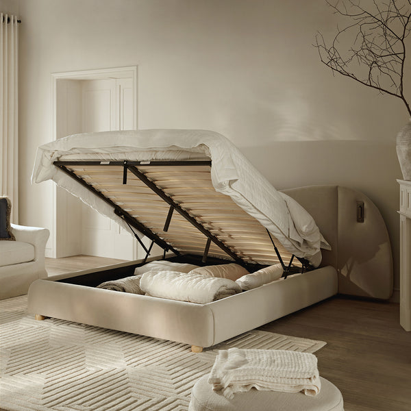 Egerie Extended Headboard Ottoman Storage Bed, Champagne Velvet - daals