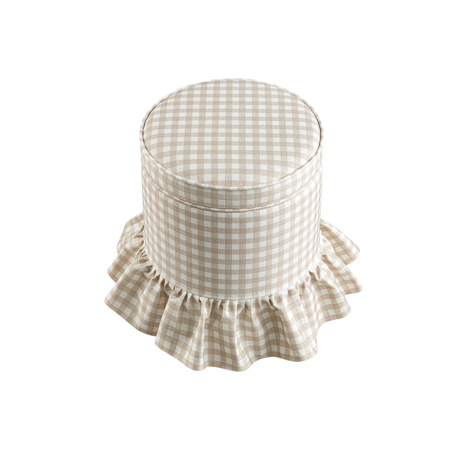 Celeste Ruffled Skirt Upholstered Storage Round Stool, Beige Gingham - daals