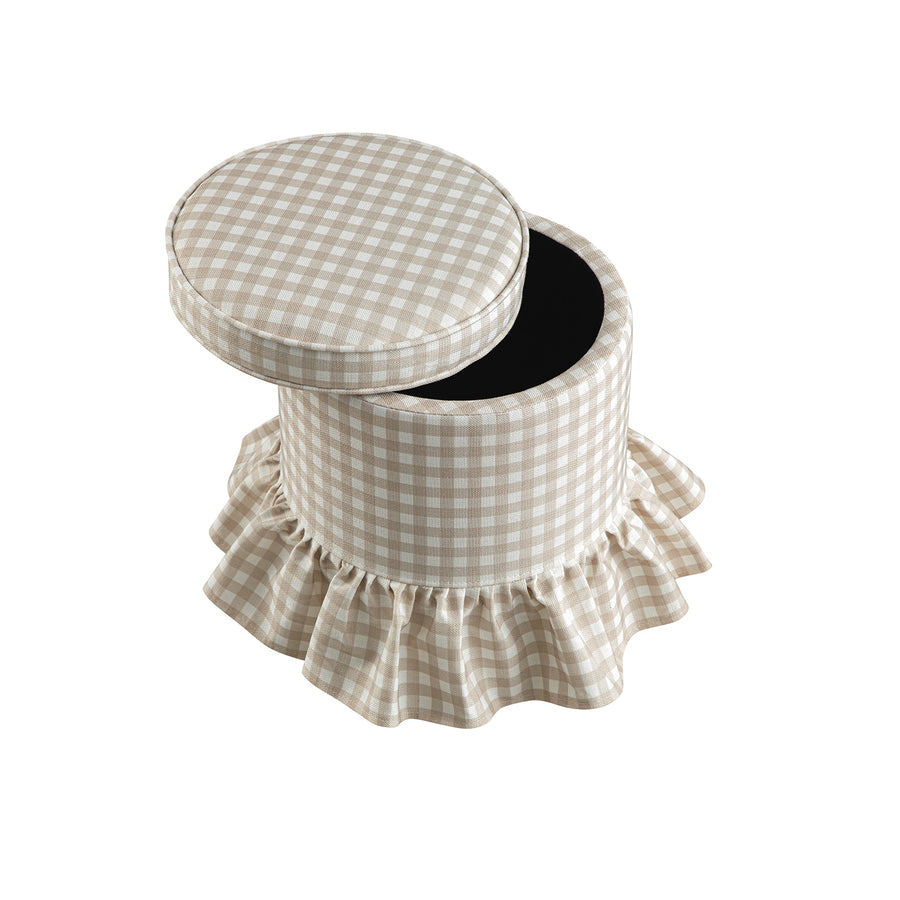 Celeste Ruffled Skirt Upholstered Storage Round Stool, Beige Gingham - daals