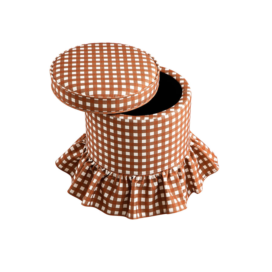 Celeste Ruffled Skirt Upholstered Storage Round Stool, Brick Gingham