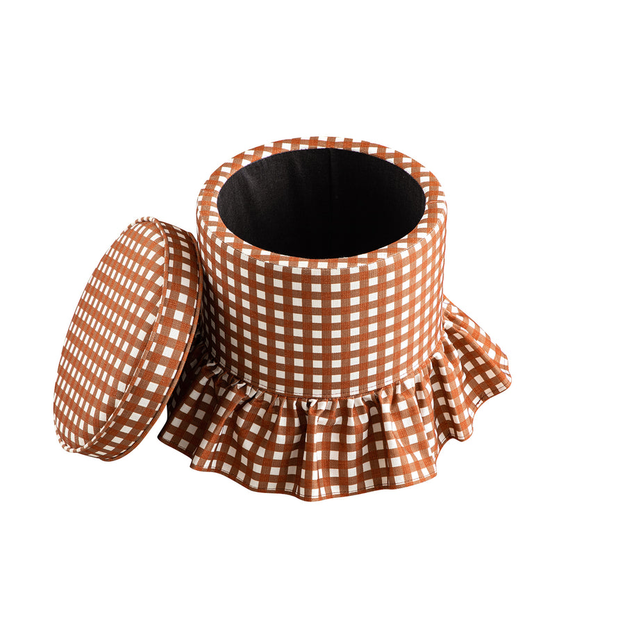 Celeste Ruffled Skirt Upholstered Storage Round Stool, Brick Gingham