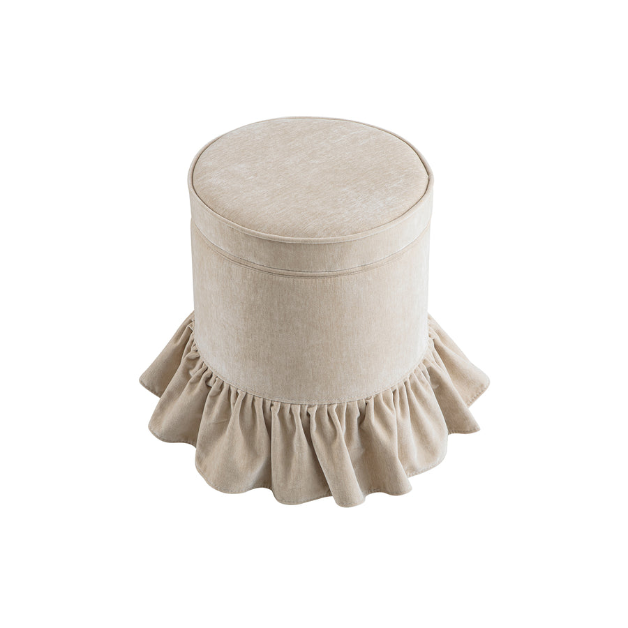 Celeste Ruffled Skirt Upholstered Storage Round Stool, Fawn Chenille - daals