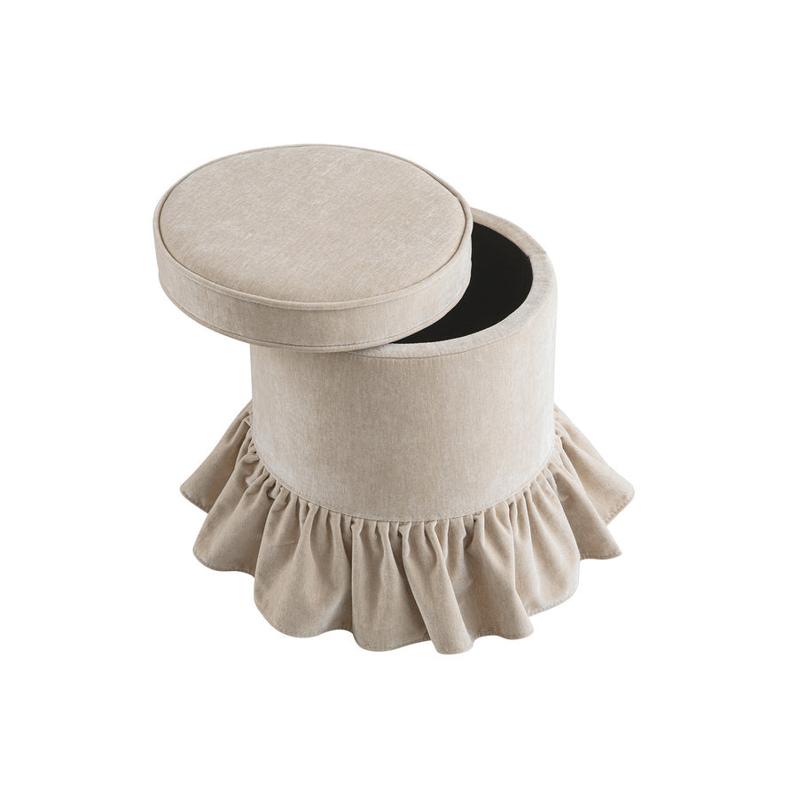 Celeste Ruffled Skirt Upholstered Storage Round Stool, Fawn Chenille - daals
