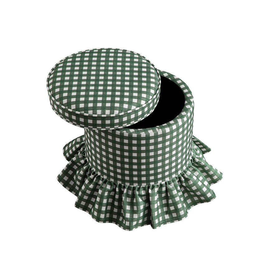 Celeste Ruffled Skirt Upholstered Storage Round Stool, Spruce Green Gingham - daals