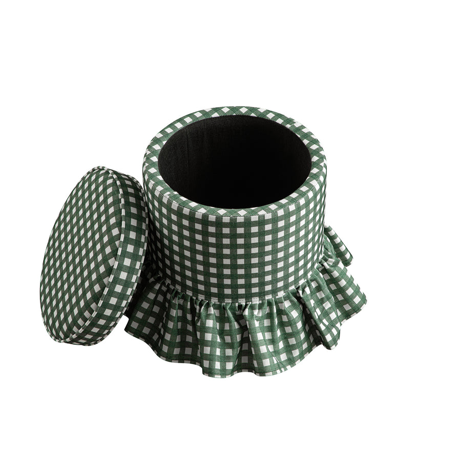 Celeste Ruffled Skirt Upholstered Storage Round Stool, Spruce Green Gingham - daals