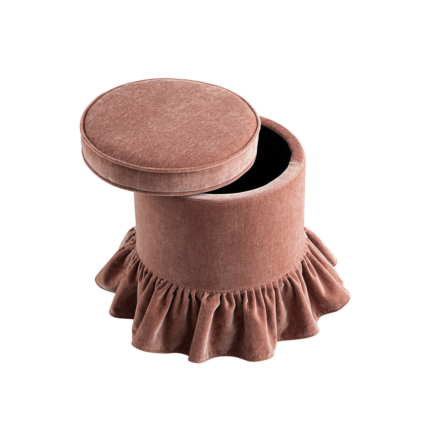 Celeste Ruffled Skirt Upholstered Storage Round Stool, Antique Rose Chenille - daals