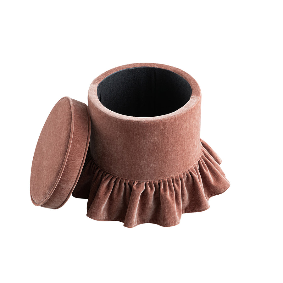 Celeste Ruffled Skirt Upholstered Storage Round Stool, Antique Rose Chenille - daals