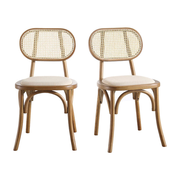 Anya Set of 2 Cane Rattan and Upholstered Dining Chairs, Light Walnut