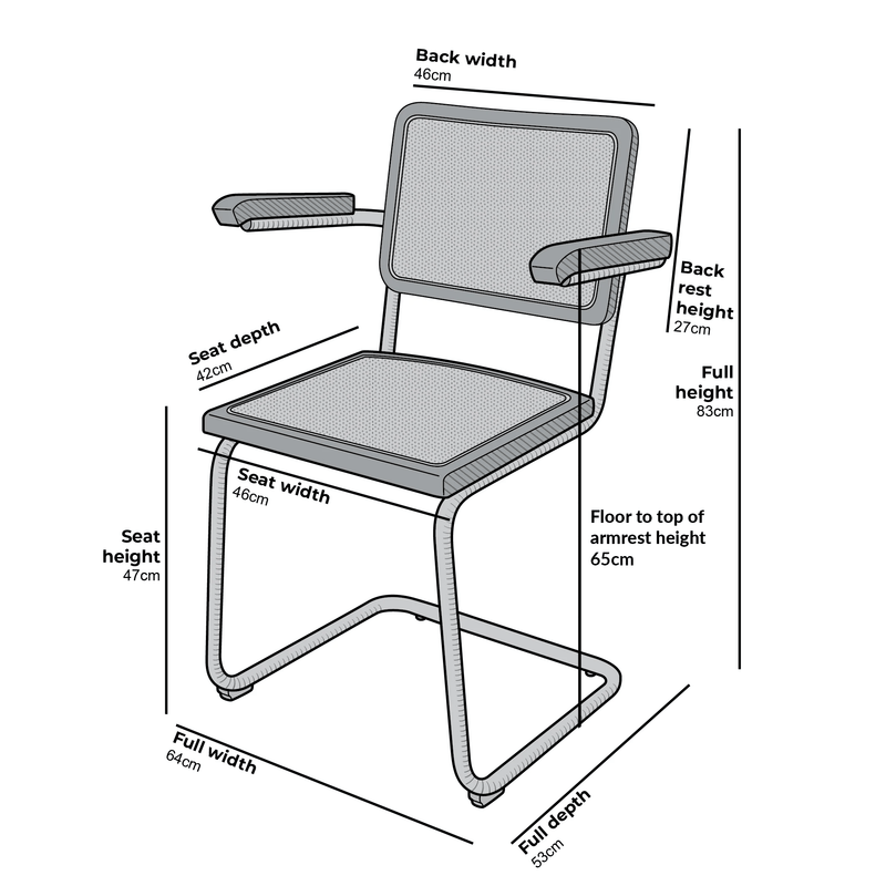 Rayna Pair of 2 Solid Beech Dining Chairs with Armrests, Natural Cane & Chrome (Black)