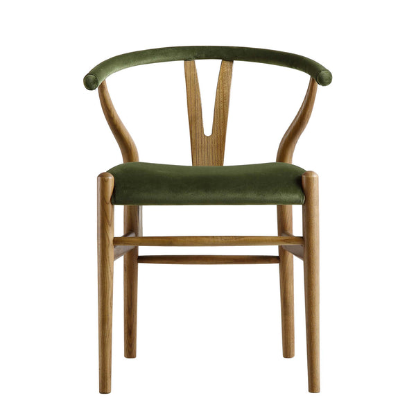 Hansel Upholstered Padded Dining Chair, Moss Green Velvet and Light Walnut Frame
