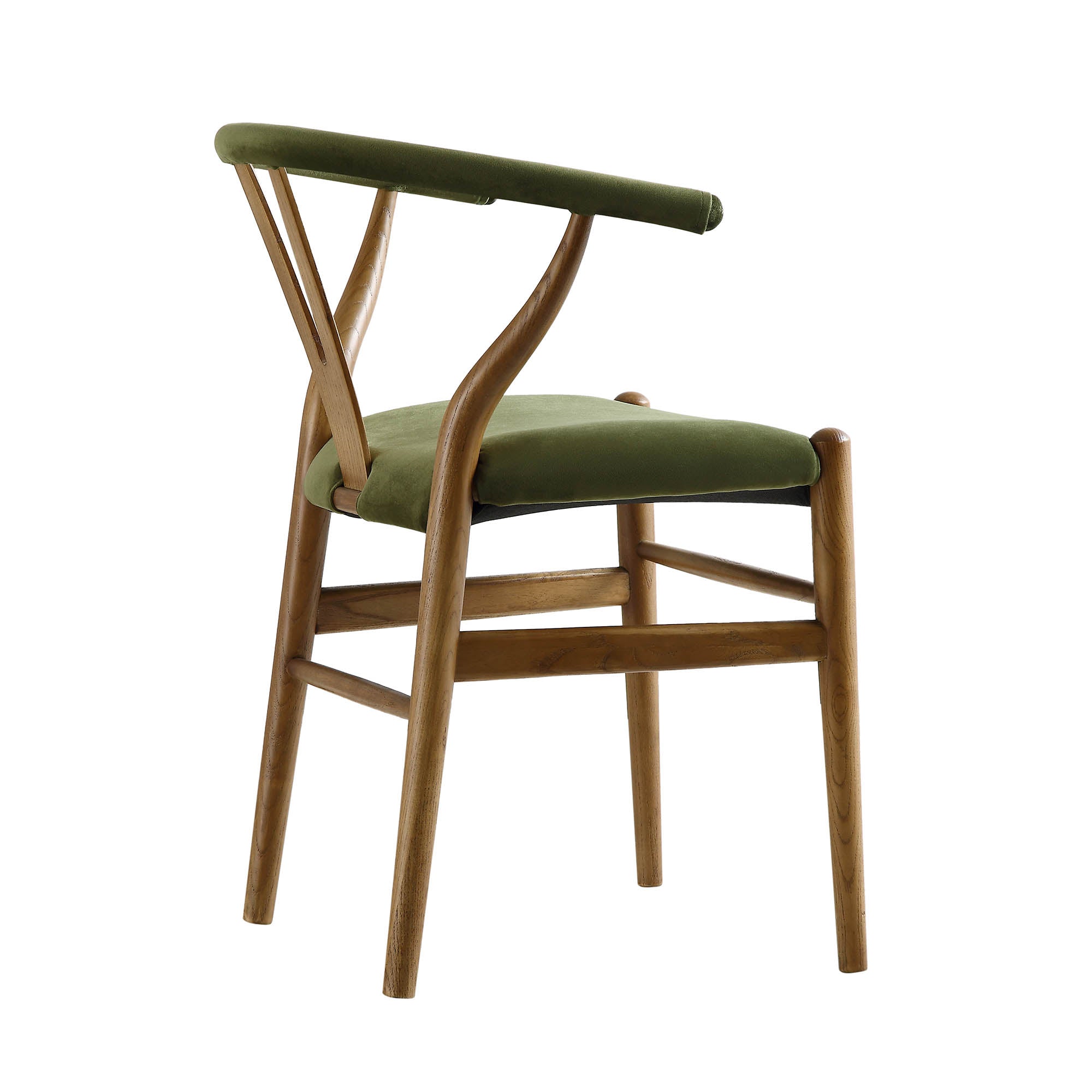 Hansel Wishbone Padded Dining Chair, Moss Green Velvet and Light Walnut Frame