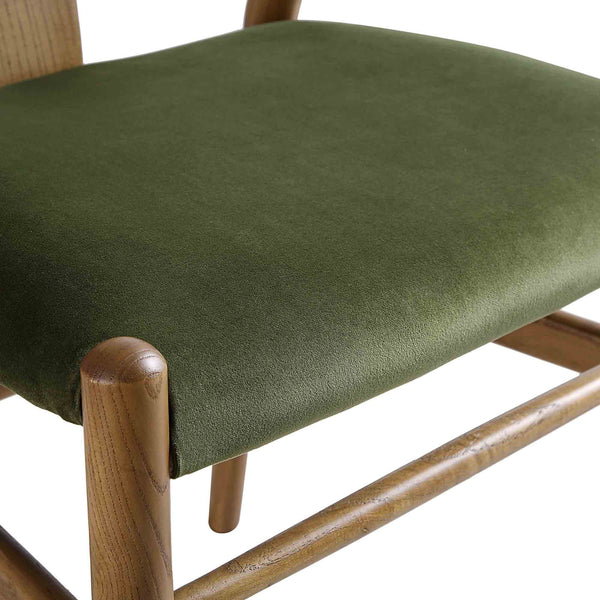 Hansel Upholstered Padded Dining Chair, Moss Green Velvet and Light Walnut Frame