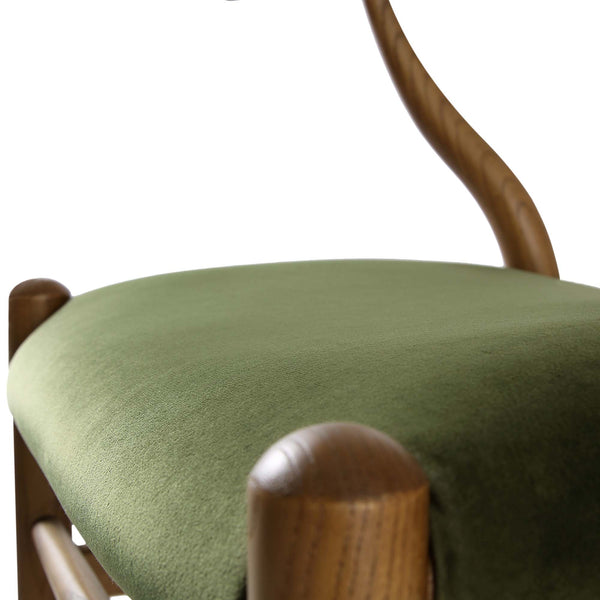 Hansel Upholstered Padded Dining Chair, Moss Green Velvet and Light Walnut Frame