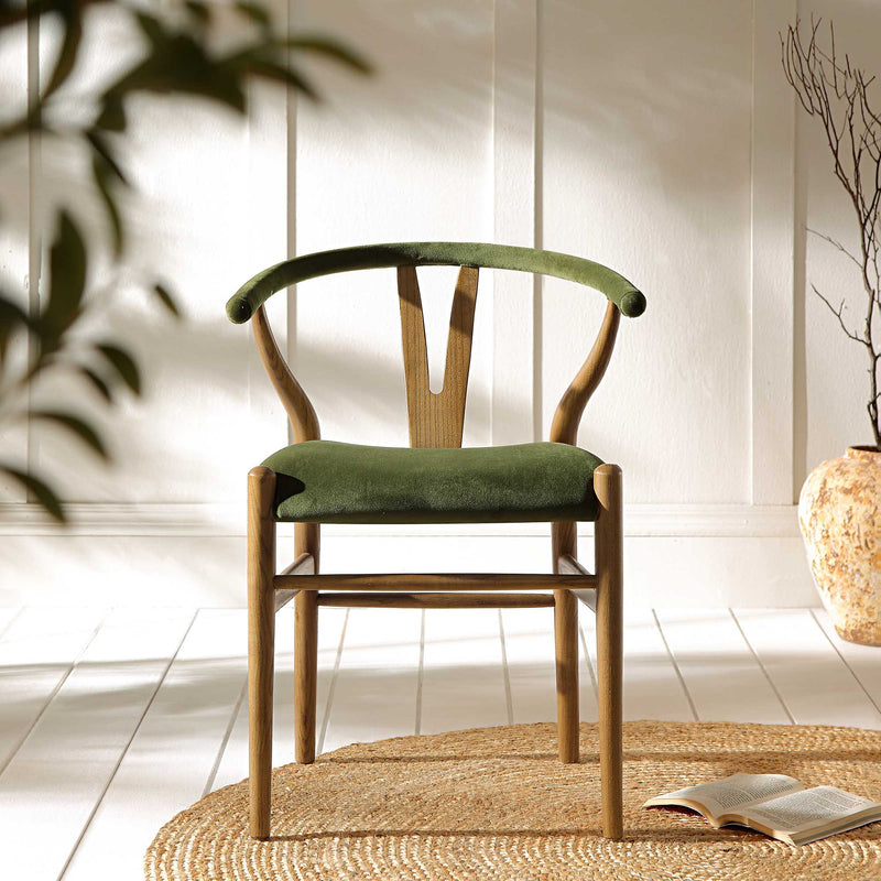 Hansel Upholstered Padded Dining Chair, Moss Green Velvet and Light Walnut Frame