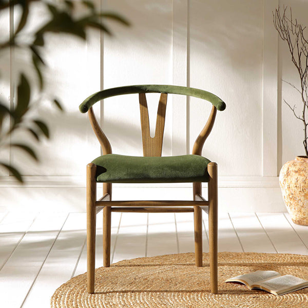 Hansel Upholstered Padded Dining Chair, Moss Green Velvet and Light Walnut Frame