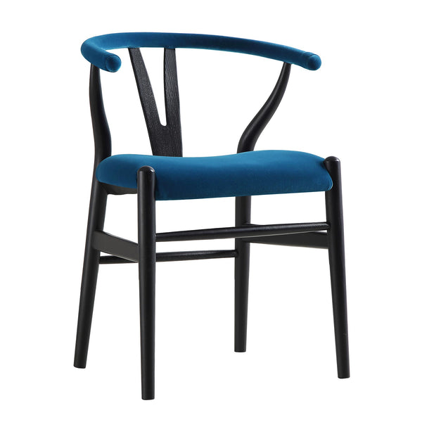 Hansel Wishbone Padded Dining Chair, Blue Velvet and Black Frame