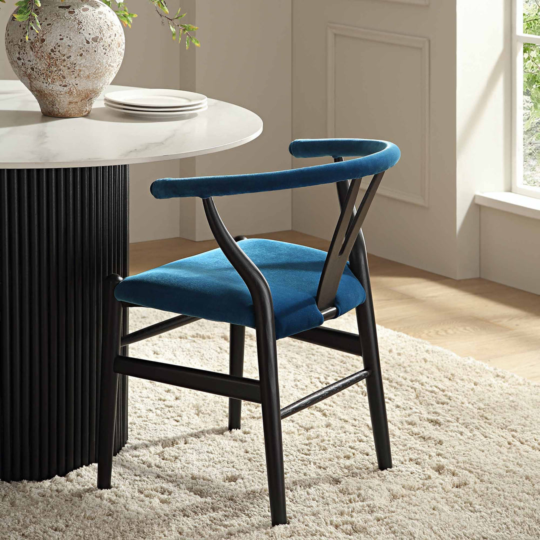 Hansel Upholstered Padded Dining Chair, Blue Velvet and Black Frame | daals