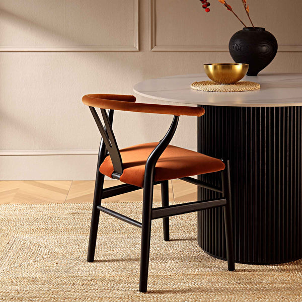 Hansel Wishbone Padded Dining Chair, Rust Velvet and Black Frame