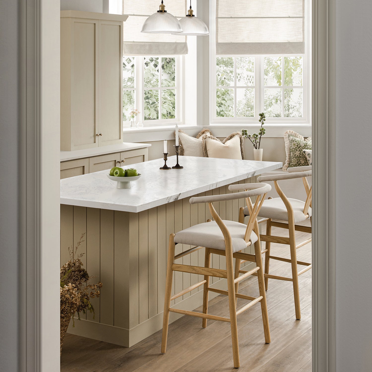 Hansel Upholstered Counter Stool, Beige Fabric and Natural Frame - daals