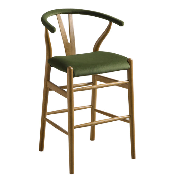 Hansel Upholstered Counter Stool, Moss Green Velvet and Light Walnut Frame