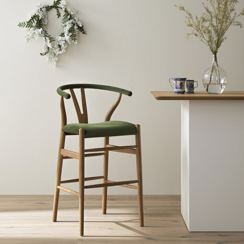 Hansel Upholstered Counter Stool, Moss Green Velvet and Light Walnut Frame - daals