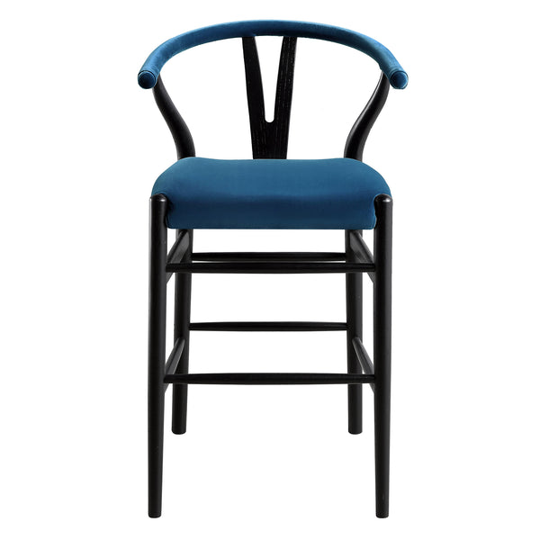 Hansel Upholstered Counter Stool, Blue Velvet and Black Frame