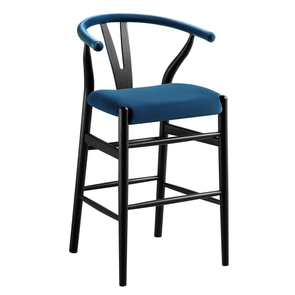 Hansel Upholstered Counter Stool, Blue Velvet and Black Frame