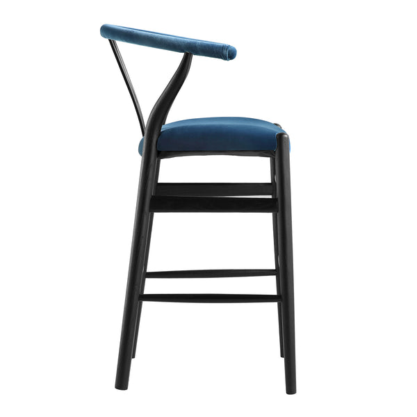 Hansel Upholstered Counter Stool, Blue Velvet and Black Frame