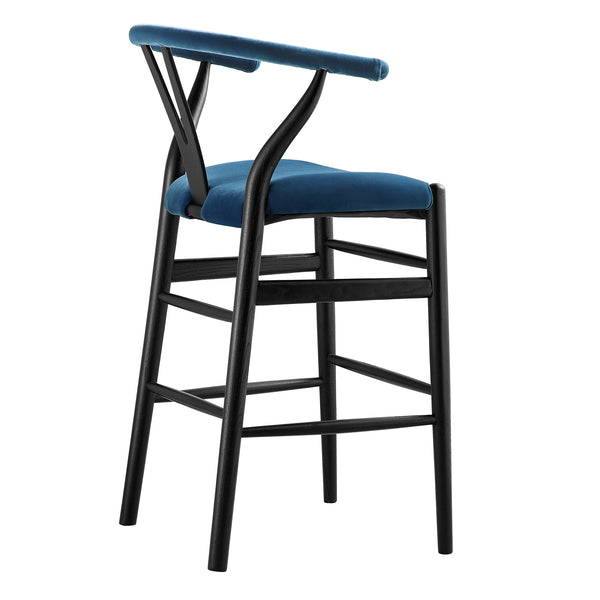 Hansel Upholstered Counter Stool, Blue Velvet and Black Frame