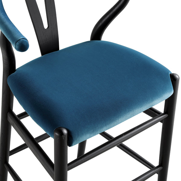 Hansel Upholstered Counter Stool, Blue Velvet and Black Frame