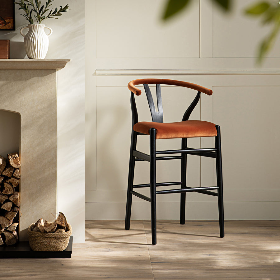 Hansel Upholstered Counter Stool, Rust Velvet and Black Frame