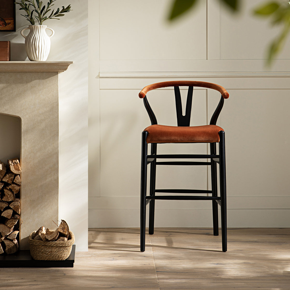 Rust Counter Chair Hansel Upholstered Counter Stool, Rust Velvet and Black Frame | daals