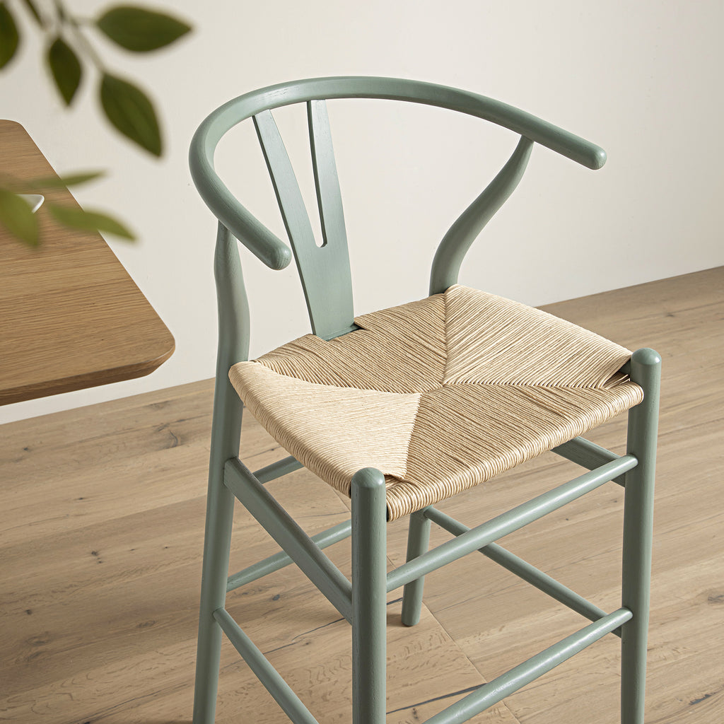 Hansel Wooden Natural Weave Counter Stool, Sage Green Frame | daals