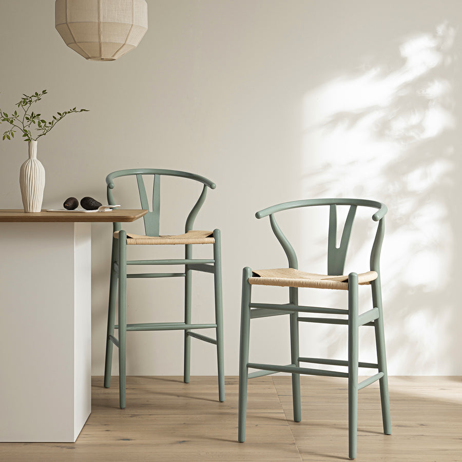 Hansel Wooden Natural Weave Bar Stool, Sage Green Frame