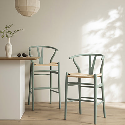 Hansel Wooden Natural Weave Bar Stool, Sage Green Frame