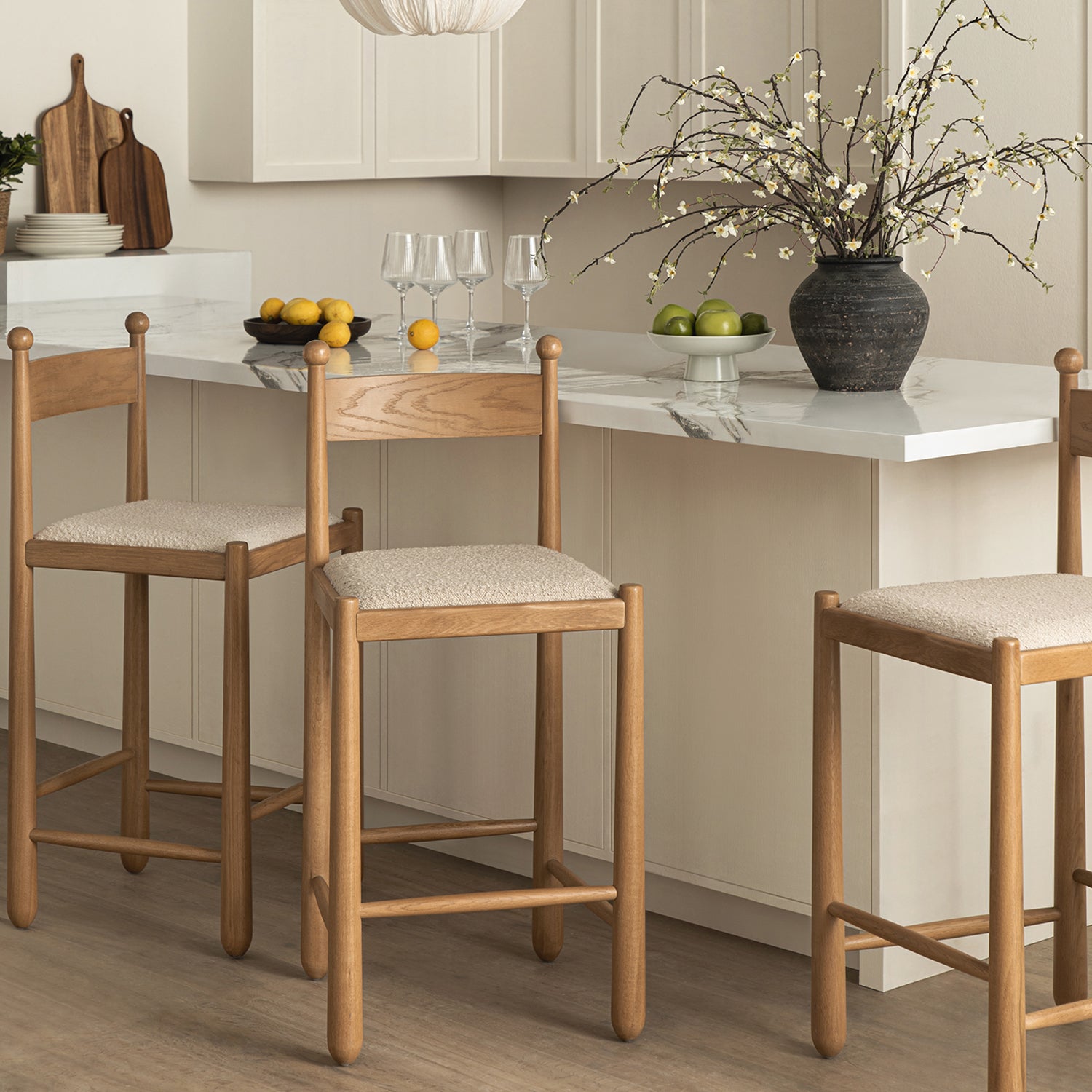 Tama Counter Stool, Light Taupe Boucle | Natural Oak Frame