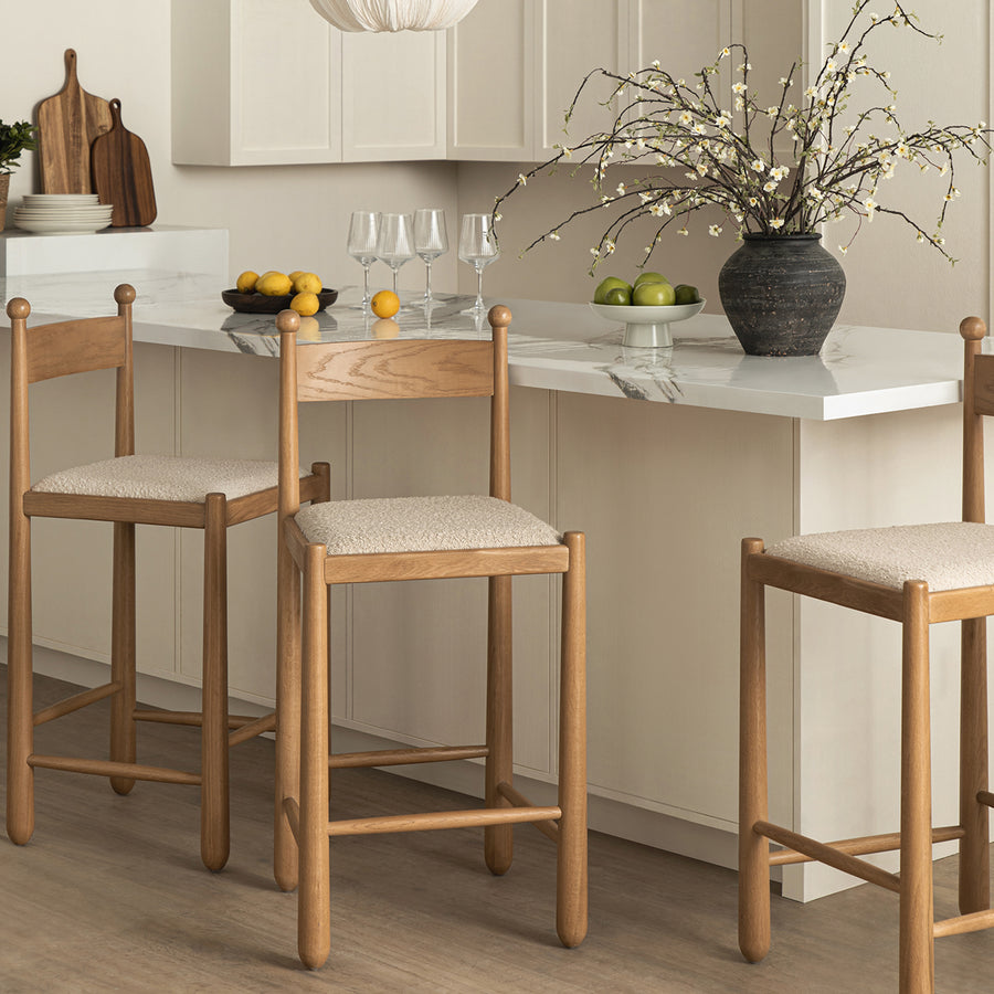 Tama Counter Stool, Light Taupe Boucle | Natural Oak Frame