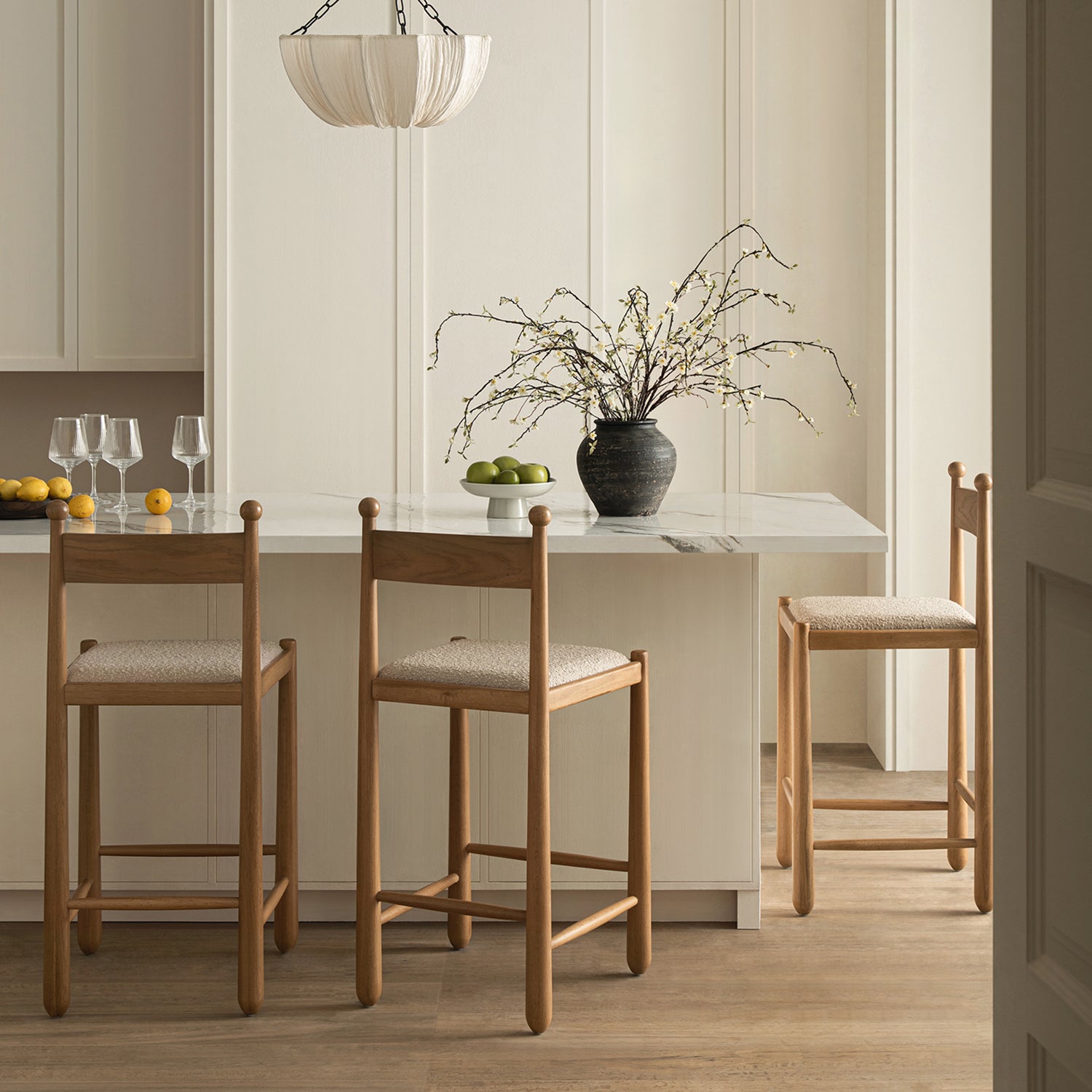 Tama Counter Stool, Light Taupe Boucle | Natural Oak Frame