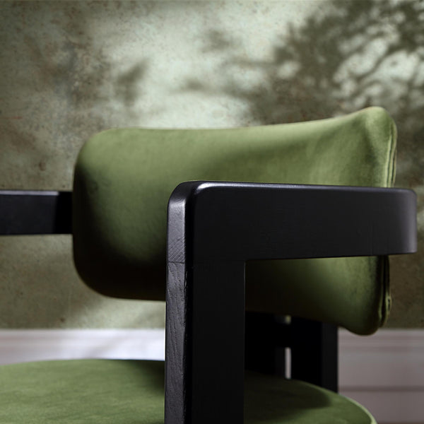 Stanford Curved Oak Frame Upholstered Chair, Moss Green Velvet Black Frame