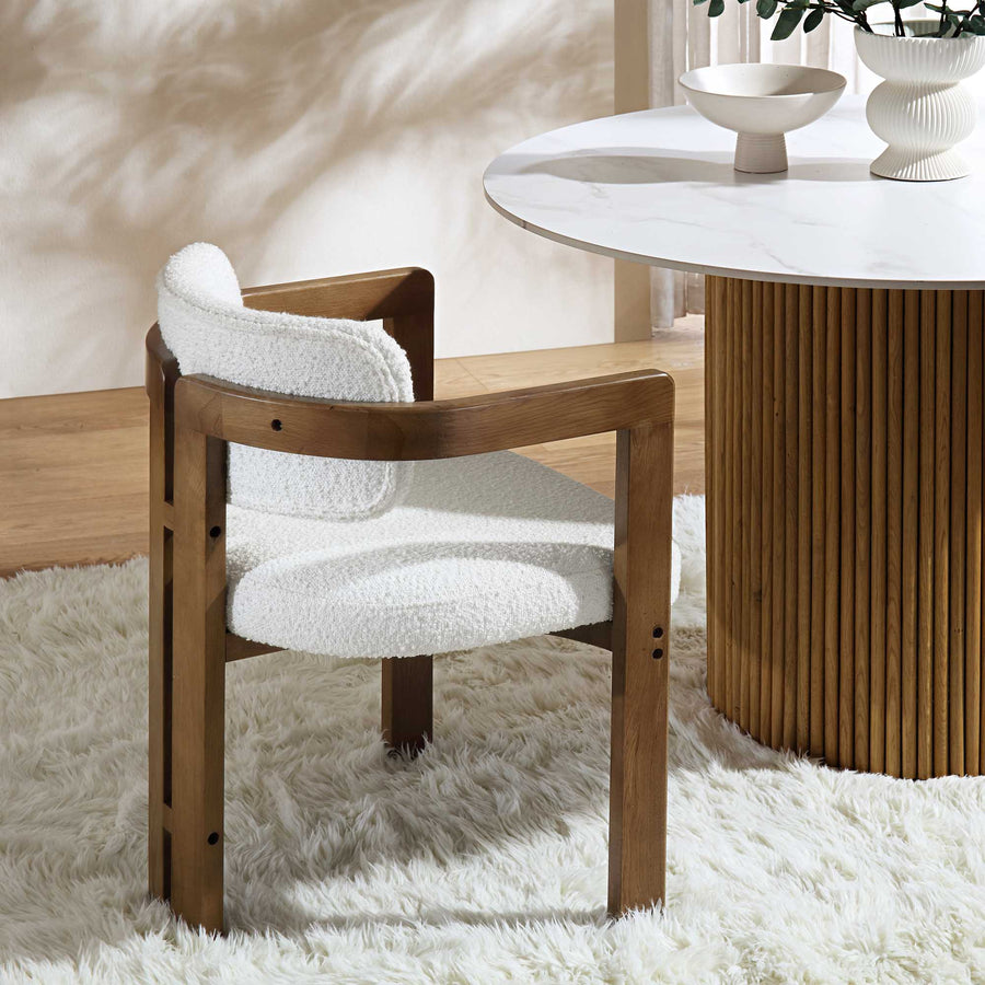 Stanford Curved Oak Frame Upholstered Chair, White Boucle Light Walnut Frame