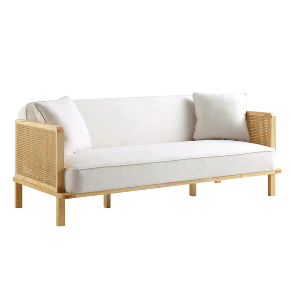 Pienza Cane Sofa Bed, Beige Woven Fabric with Natural Solid Oak Frame