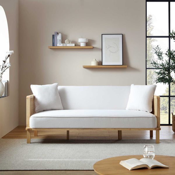 Pienza Cane Sofa Bed, Beige Woven Fabric with Natural Solid Oak Frame