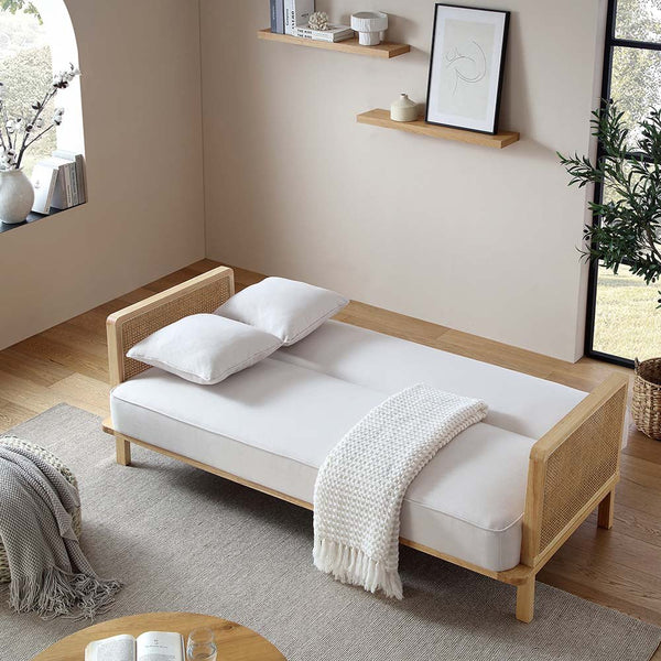 Pienza Cane Sofa Bed, Beige Woven Fabric with Natural Solid Oak Frame