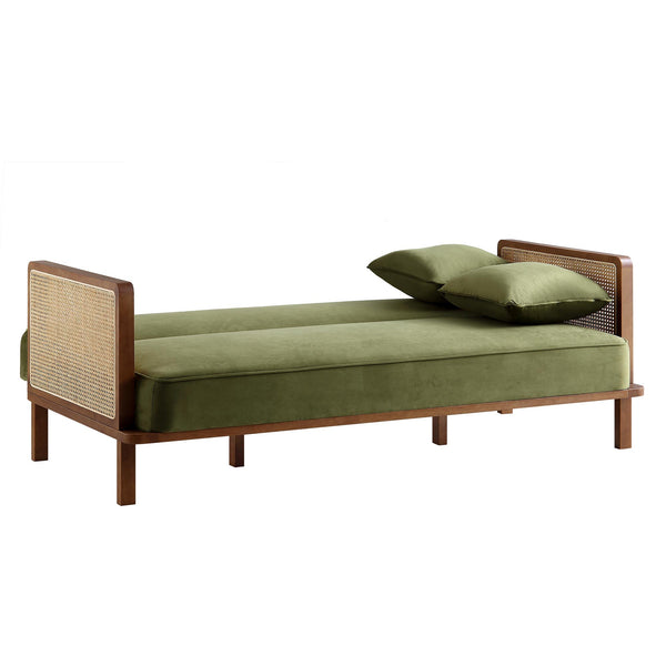 Pienza Cane Sofa Bed, Moss Green Velvet with Walnut Frame