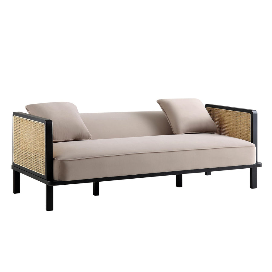 Pienza Cane Sofa Bed, Taupe Velvet with Black Solid Wood Frame